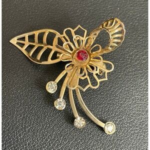 Vintage Rhinestone Floral Brooch Red Clear Gold Tone Flower Leaf Pin